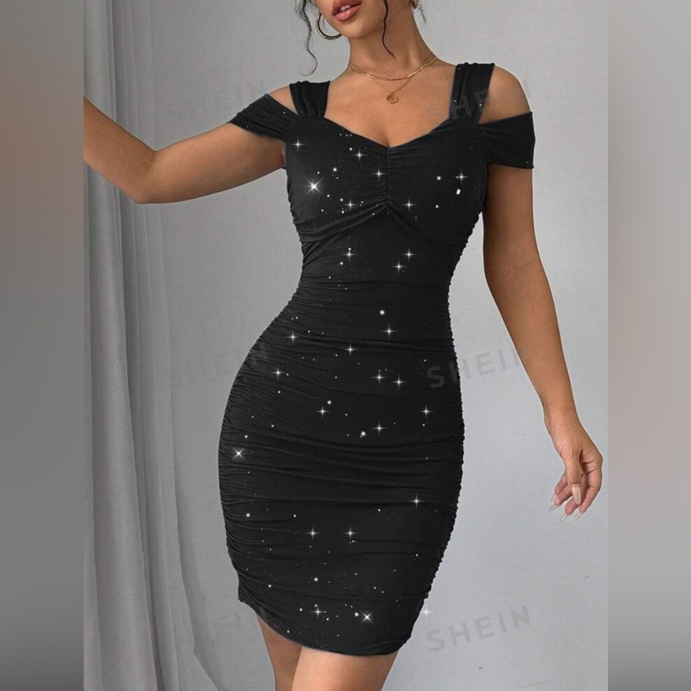 Women's Summer Open Shoulder Sequin Pleated Slim Evening Party Dress